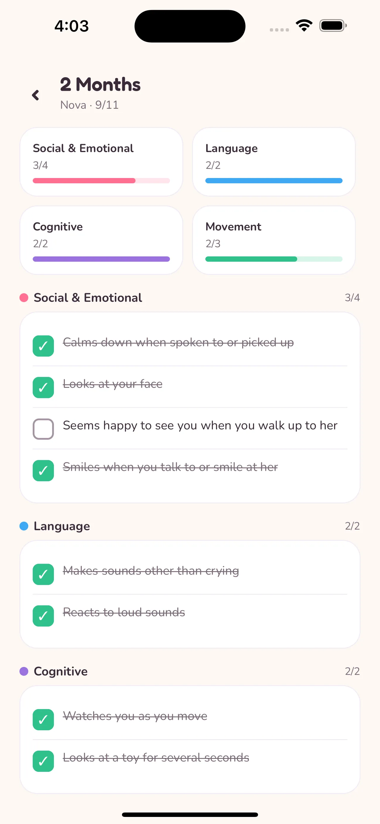 Milestone checklist for 2 months