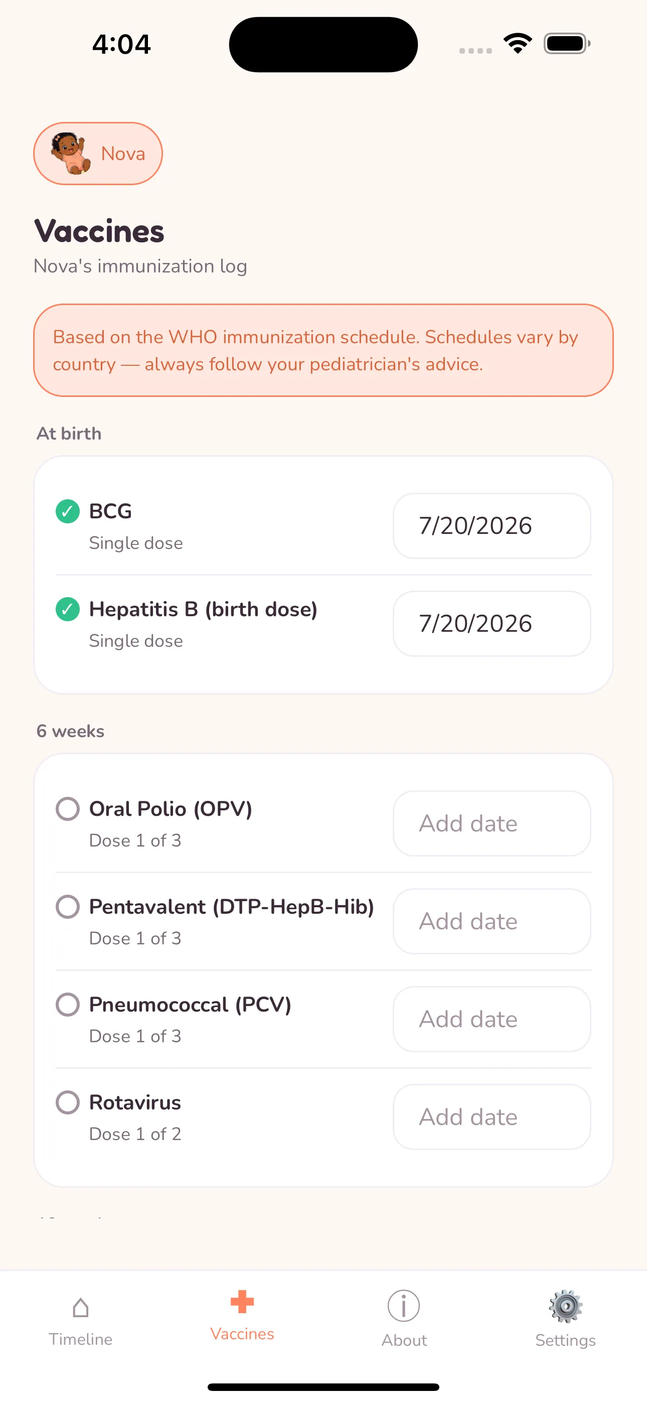 WHO immunization schedule tracker